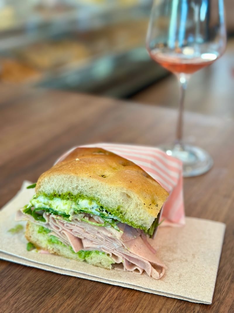 Double mortadella: a dream mortadella focaccia panino and glass of Mortadella rosé (made from a nero d’avola blend) at Flour + Water Pasta Shop’s party this past weekend. Pray they bring this panino back for an encore! Photo: © tablehopper.com.