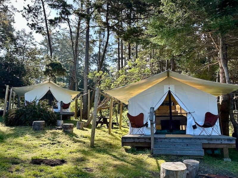 Glamping tents on a beautiful, dewy morning at Mendocino Grove. Photo: © tablehopper.com.