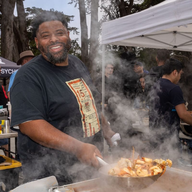 Mr. Gumbo doing his thang at Gumbo Social’s annual seafood boil. Photo: Don Bowden, American Legal Video Services.