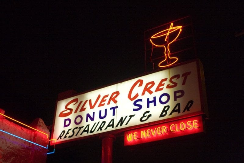 The neon sign of Silver Crest Donut Shop. Yelp photo via Jack G.