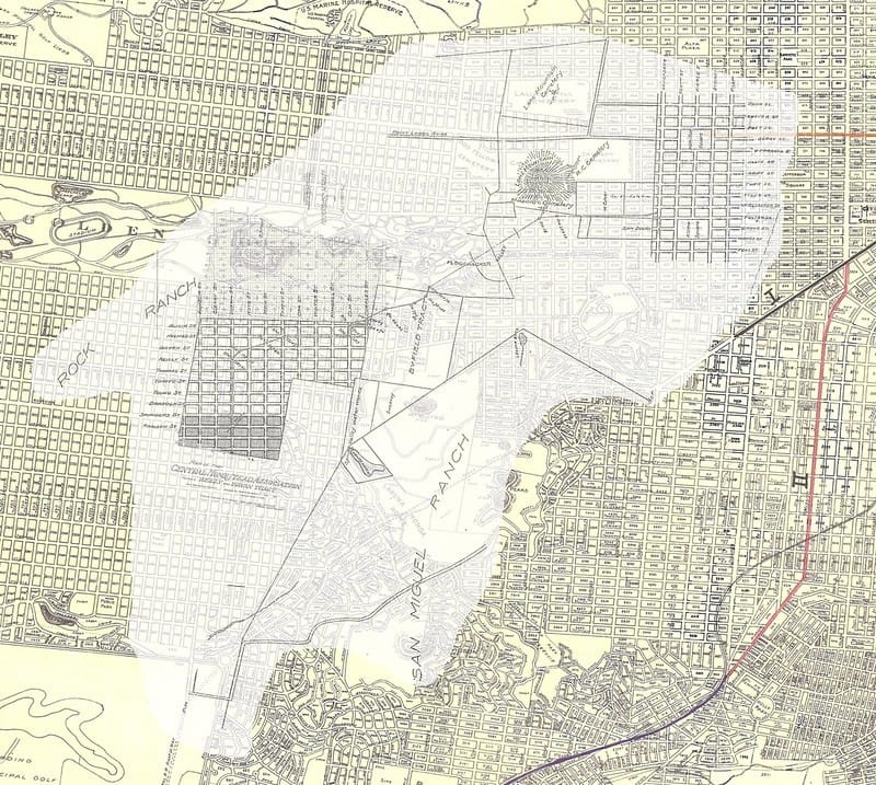 The restaurant’s location lives in the mapping of the Sunset’s fifty vara with this map from the 1865. Composite onto a Department of Public Works map by Erica Fischer on Flickr, courtesy of Fifty Vara.