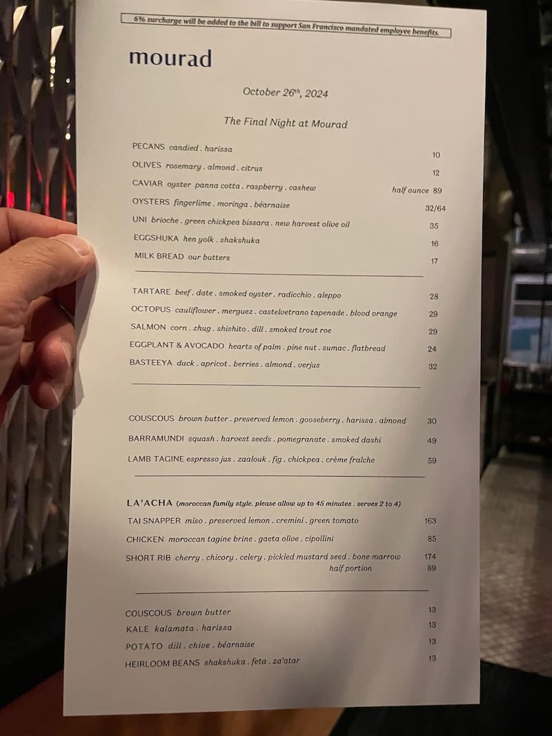 The final menu at Mourad. Photo courtesy of tablehopper reader Barron L.