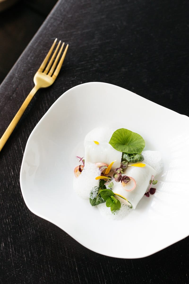 A former Commonwealth dish on Jason Fox’s upcoming Turntable menu at Lord Stanley: shrimp + scallop roll with popcorn and yuzu kosho milk. Photo: Alina Tyulyu.