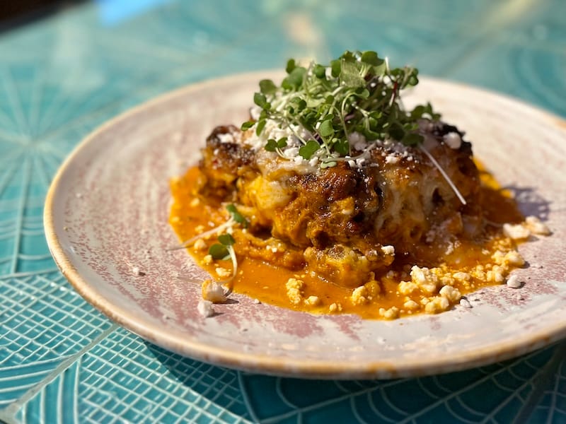 Birria lasagna at the newly opened Modí, an Italian-Mexican restaurant at the Salesforce Transit Center. Photo: © tablehopper.com. 