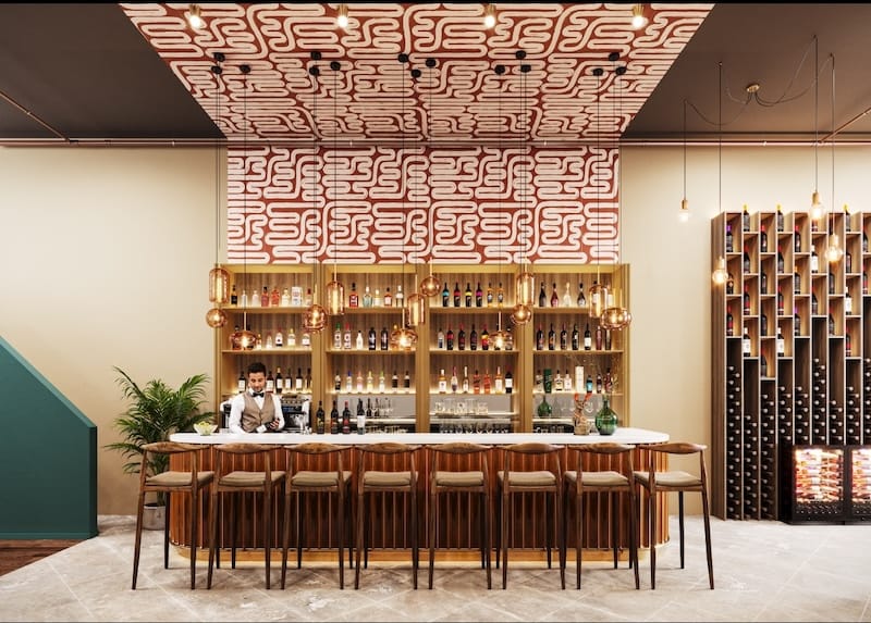 A rendering of the upcoming bar area at Caché (although they will be serving wine and low-ABV cocktails, not liquor). Courtesy of Caché.