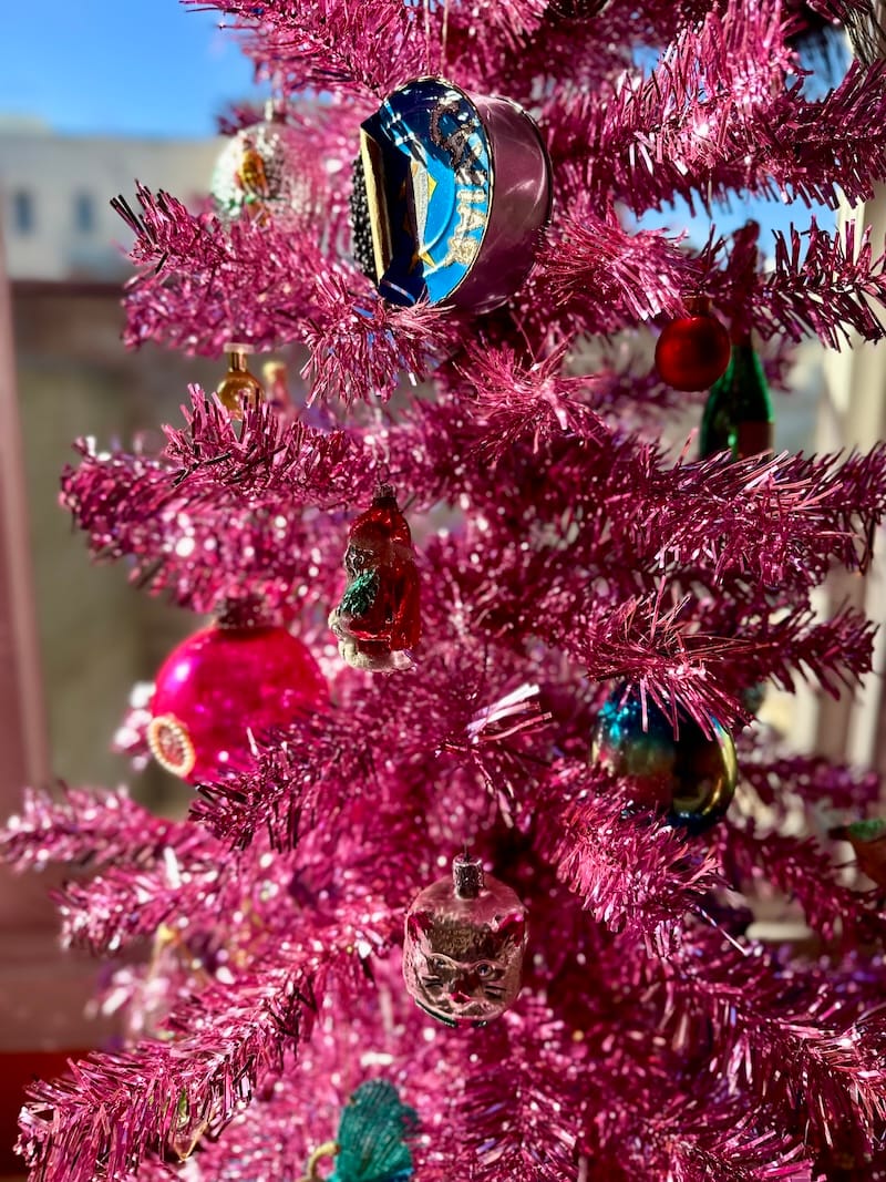 My sparkly pink tinsel tree I got this year (with a bunch of vintage ornaments from my grandma). It’s proving to be as much fun during the day as it is at night. Photo: © tablehopper.com.