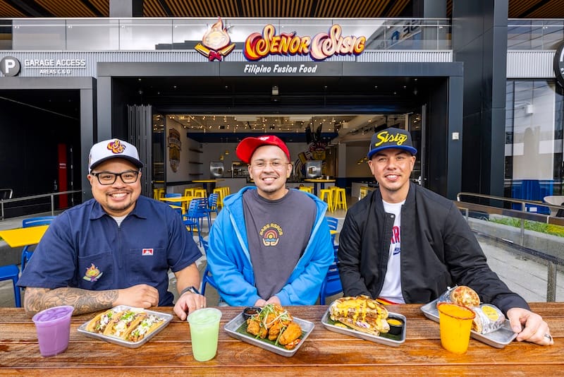 Evan Kidera, P-Lo, and Gil Payumo at the new Señor Sisig Thrive City location. Photo: Daniel Beck.