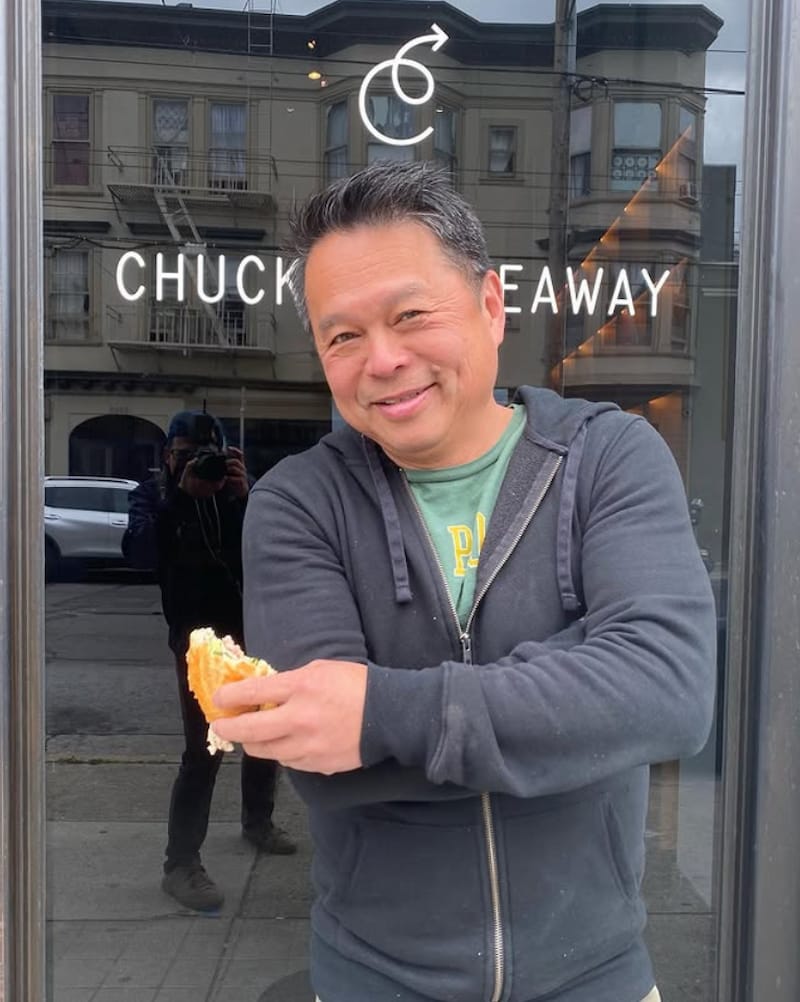 Charles Phan in front of his sandwich shop, Chuck’s Takeaway. Instagram photo via @chuckstakeaway.