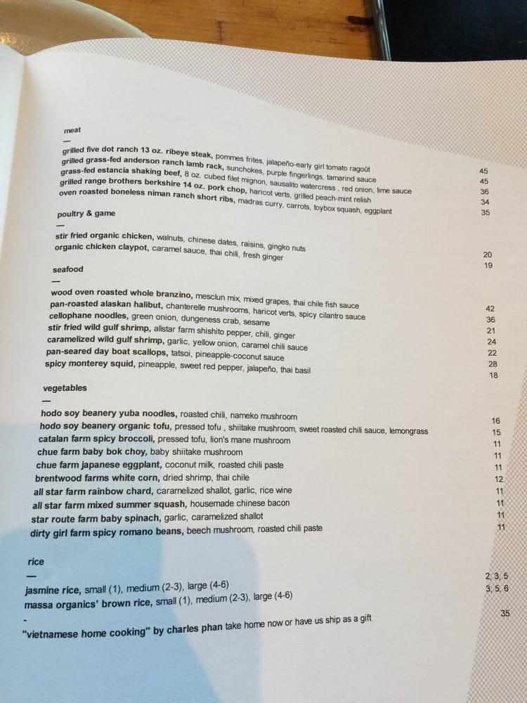 A Slanted Door menu in 2014. Yelp photo by Mike C.