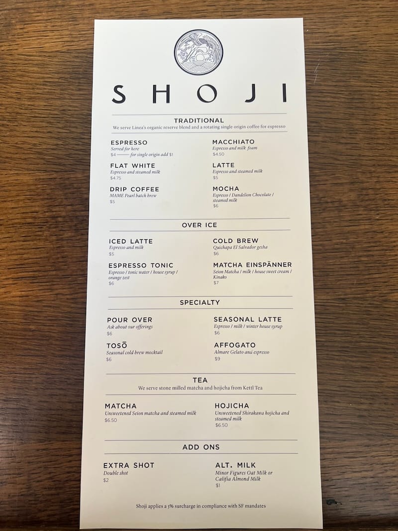 The café menu. Photo courtesy of Bar Shoji.