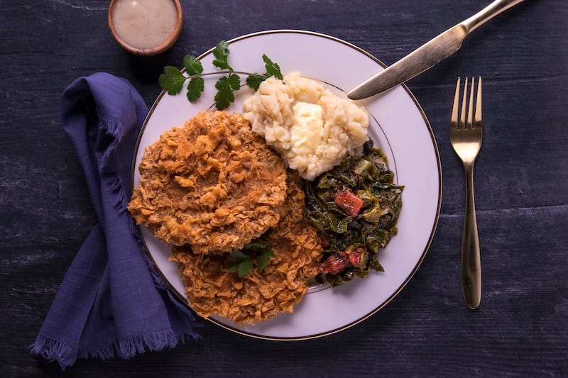 Housemade seitan country “steaks” with gravy and mash. Photo: Town Futurist.