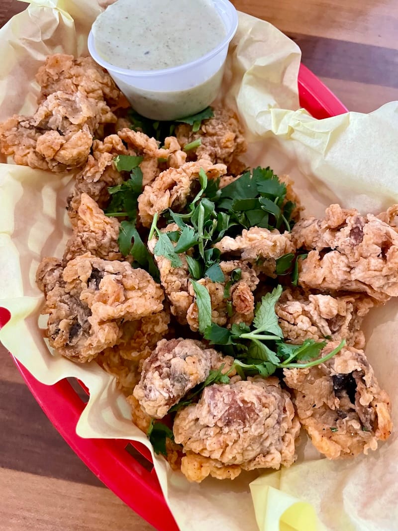 Deez Ain’t Gator Bites: Louisiana hot links and mushrooms battered in Souley Vegan’s Creole spiced mix. Photo: © tablehopper.com.