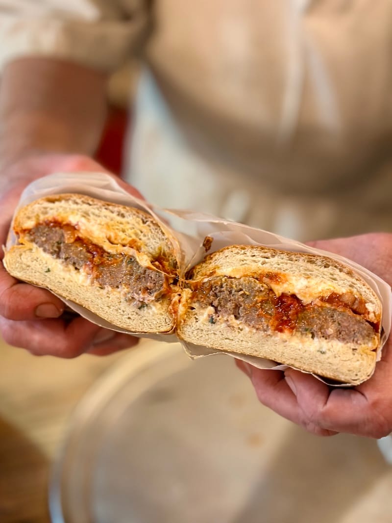 The new oven-roasted meatball sandwich at Tommaso’s. Photo: © tablehopper.com.