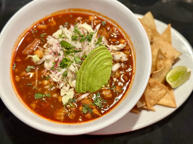 The spicy and restorative pozole rojo at La Travesia. Photo: © tablehopper.com.