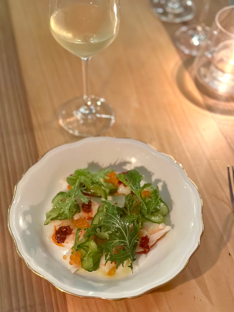 Matkowsky’s fabulous bistro de luxe dish of poached and chilled shrimp, Persian cucumber, gochugara, and smoked trout roe. Photo: © tablehopper.com.